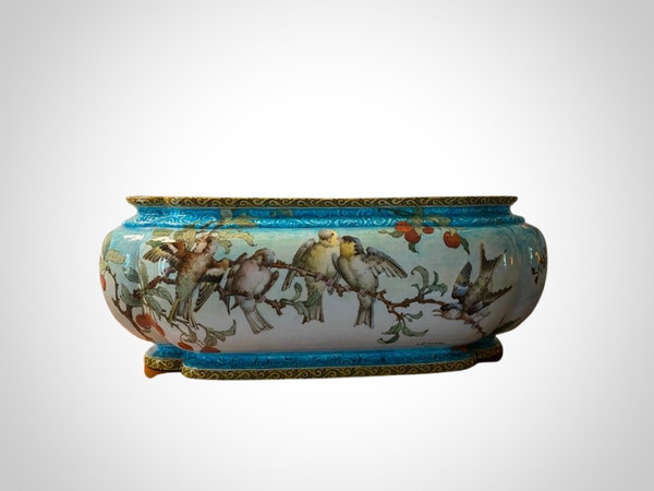 Edmond Lachenal, Jardinière & Vases Set, Japanese Cherry Tree & Birds