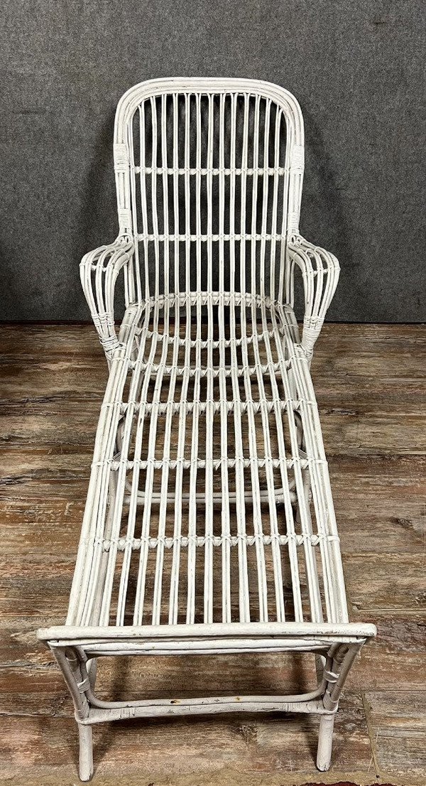 Vintage white lacquered rattan deckchair 1960's