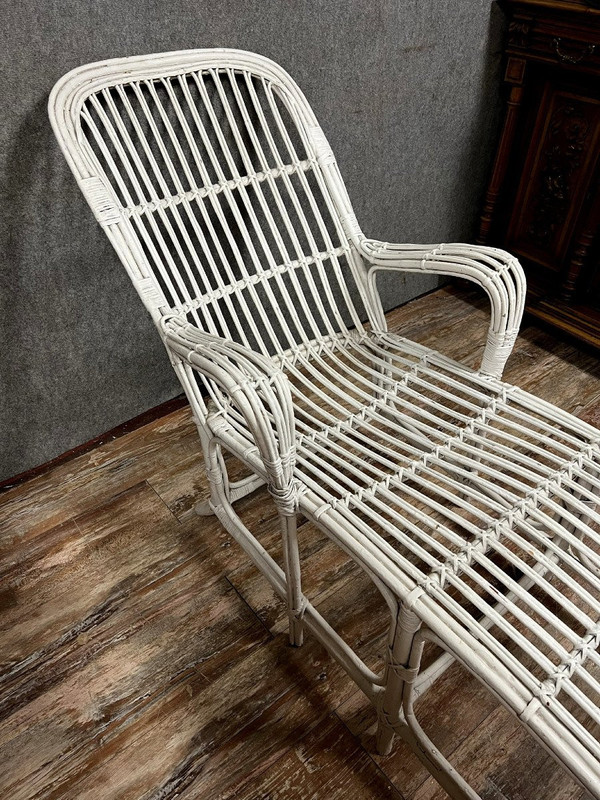 Vintage white lacquered rattan deckchair 1960's