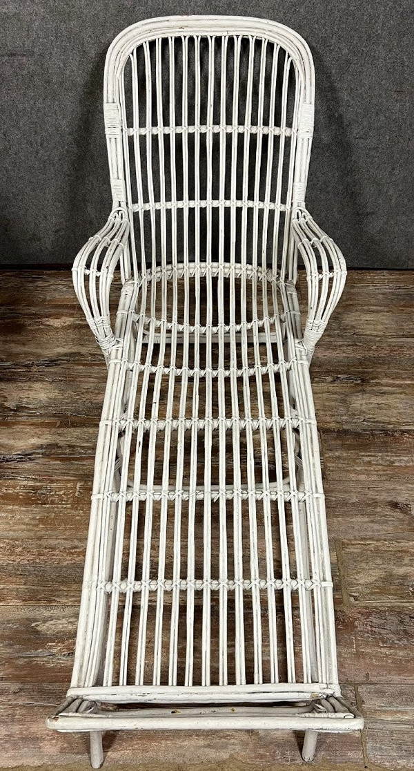 Vintage white lacquered rattan deckchair 1960's