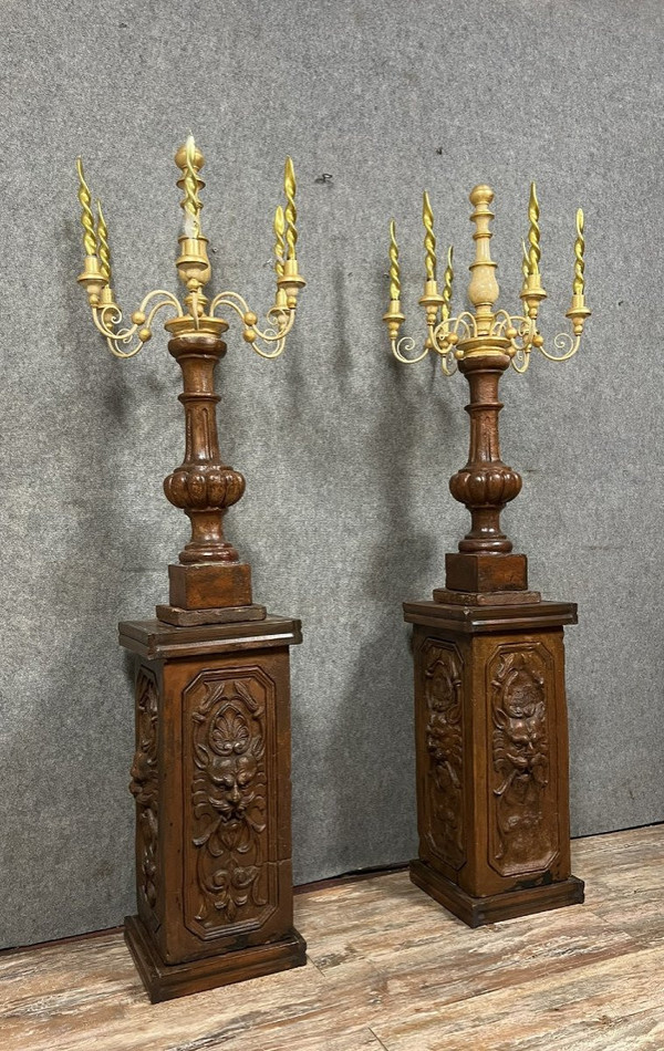 pair of very large terracotta and gilded wood torchères circa 1800 / h178 cm