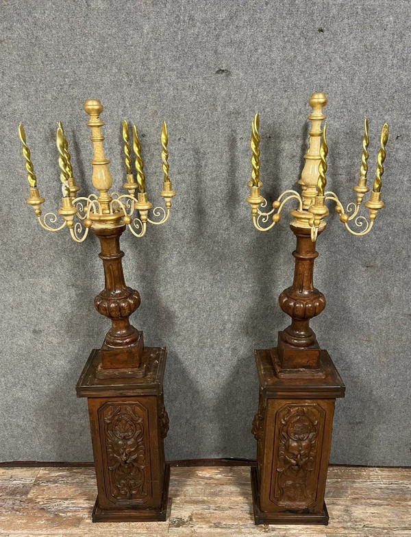 pair of very large terracotta and gilded wood torchères circa 1800 / h178 cm