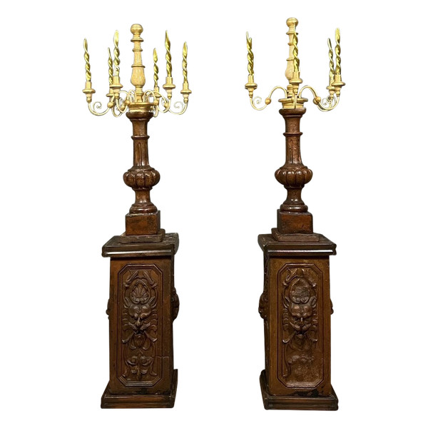 pair of very large terracotta and gilded wood torchères circa 1800 / h178 cm