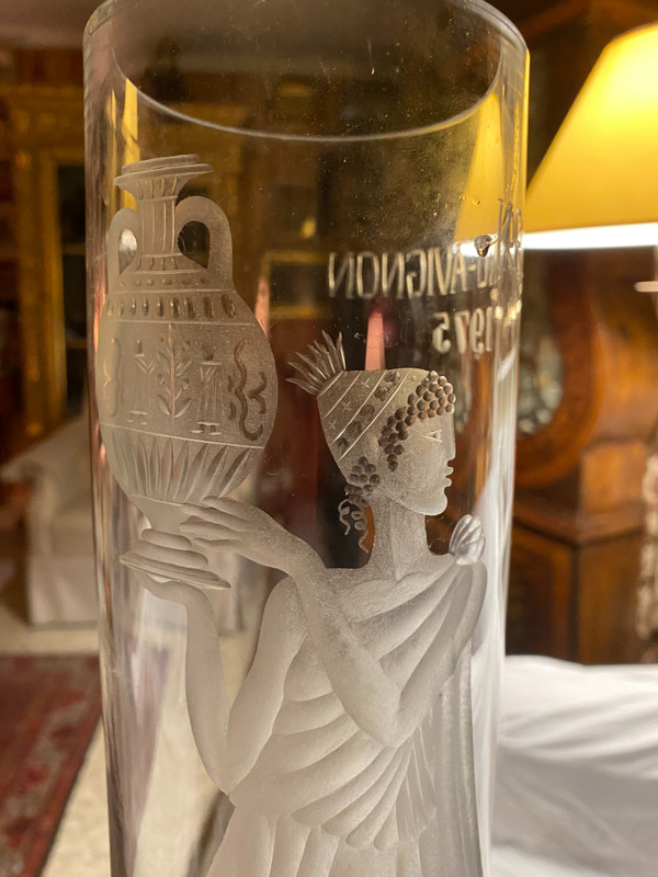 Large engraved thick tubular crystal Vase from the "75" Years Avignon with the image of a Goddess with a vase