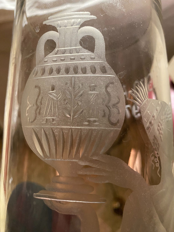 Large engraved thick tubular crystal Vase from the "75" Years Avignon with the image of a Goddess with a vase