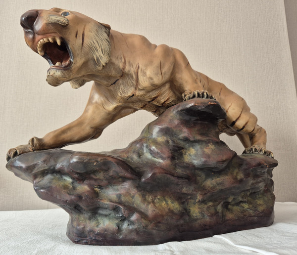 Tigre rugissant en terre cuite polychrome par Thomas François CARTIER-vers 1930