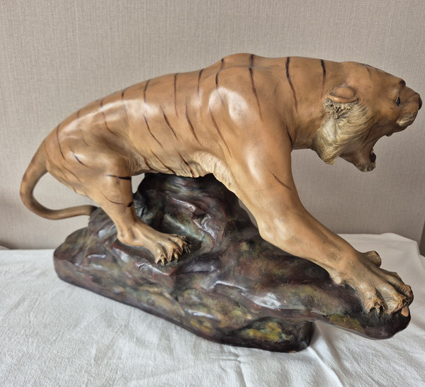 Tigre rugissant en terre cuite polychrome par Thomas François CARTIER-vers 1930