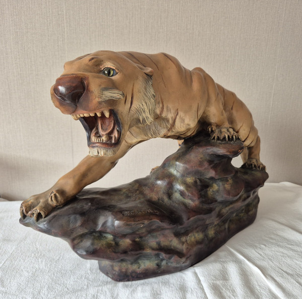 Tigre rugissant en terre cuite polychrome par Thomas François CARTIER-vers 1930