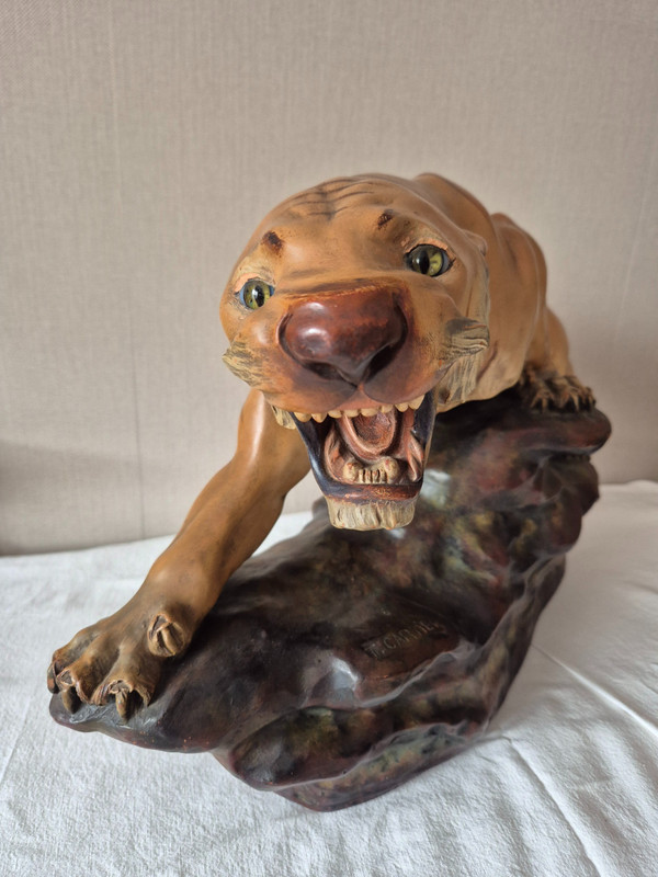 Tigre rugissant en terre cuite polychrome par Thomas François CARTIER-vers 1930