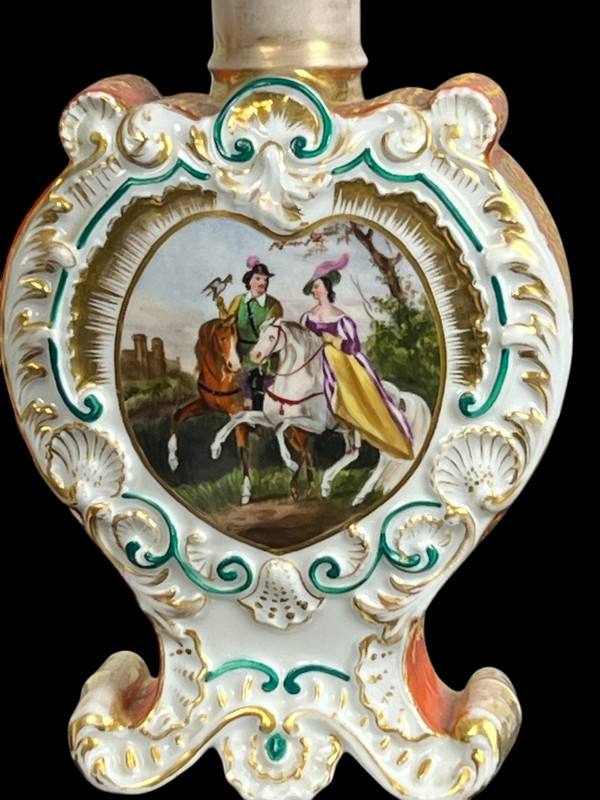 Jacob Petit ( 1796- 1868 ) Paire De Flacons En Porcelaine Polychrome De Scenes Courtoises 