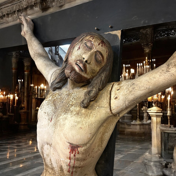 Christ En Croix Souffrant (Life Size) Polychrome Wood Late 18th Century H 250 Cm