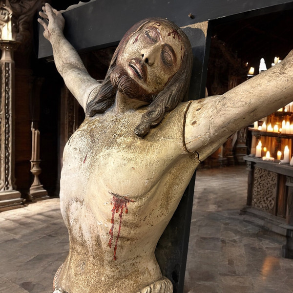 Christ En Croix Souffrant (Life Size) Polychrome Wood Late 18th Century H 250 Cm