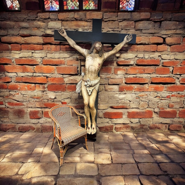 Christ En Croix Souffrant (Life Size) Polychrome Wood Late 18th Century H 250 Cm