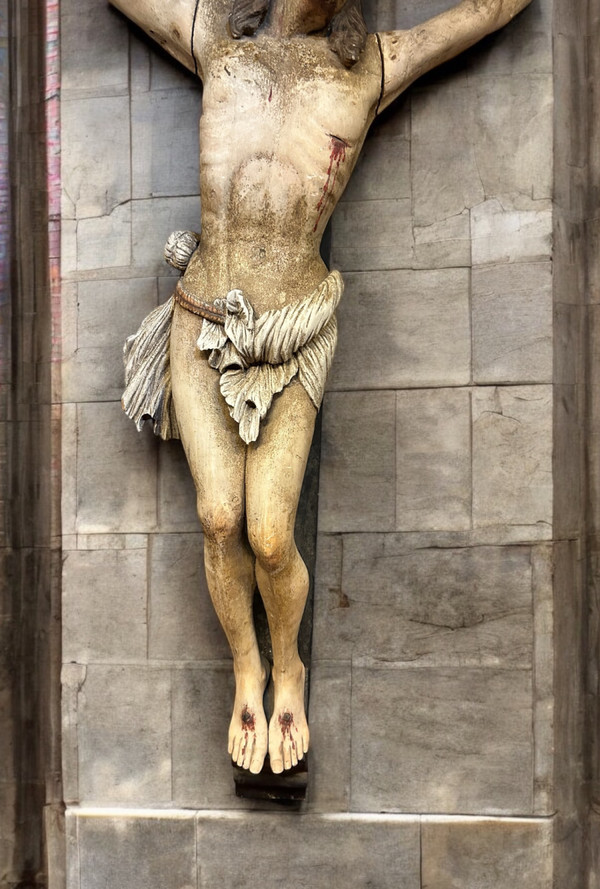 Christ En Croix Souffrant (Life Size) Polychrome Wood Late 18th Century H 250 Cm