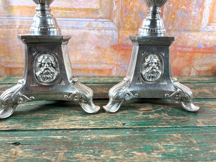 Pair of Silvered Metal Altar Candlesticks - 19th Century