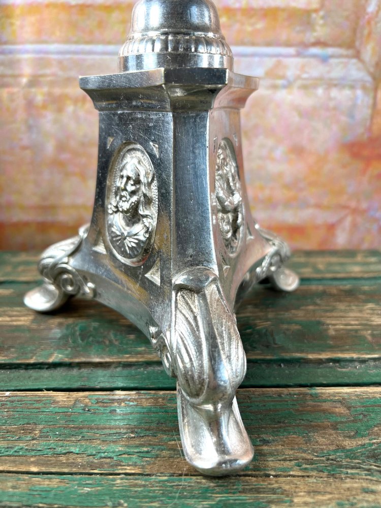 Pair of Silvered Metal Altar Candlesticks - 19th Century