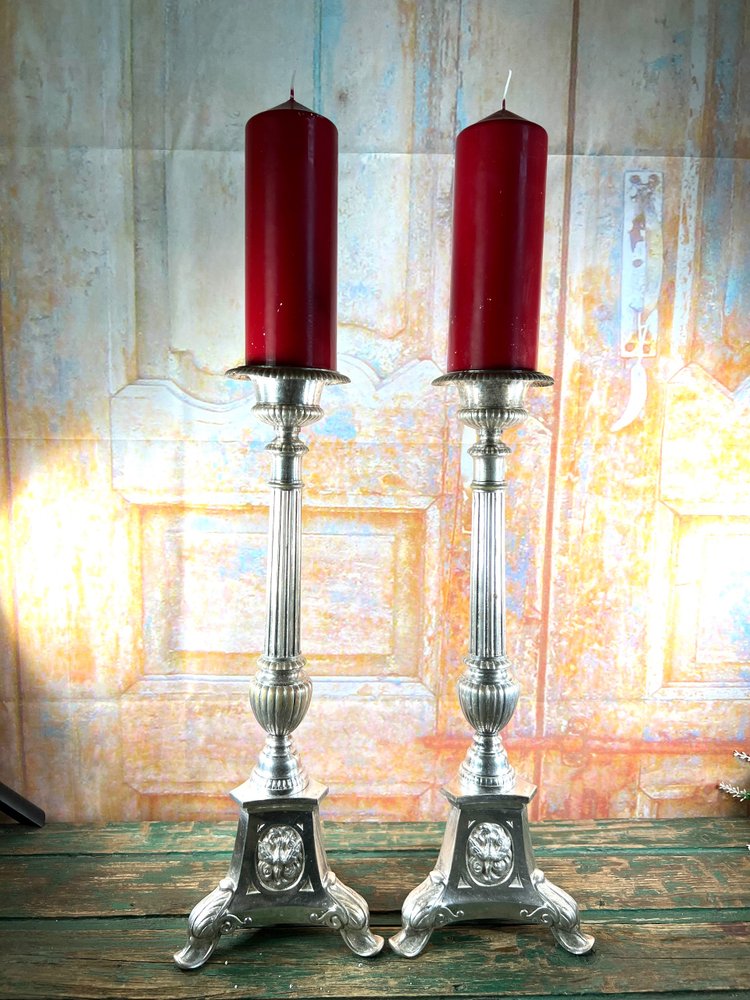 Pair of Silvered Metal Altar Candlesticks - 19th Century