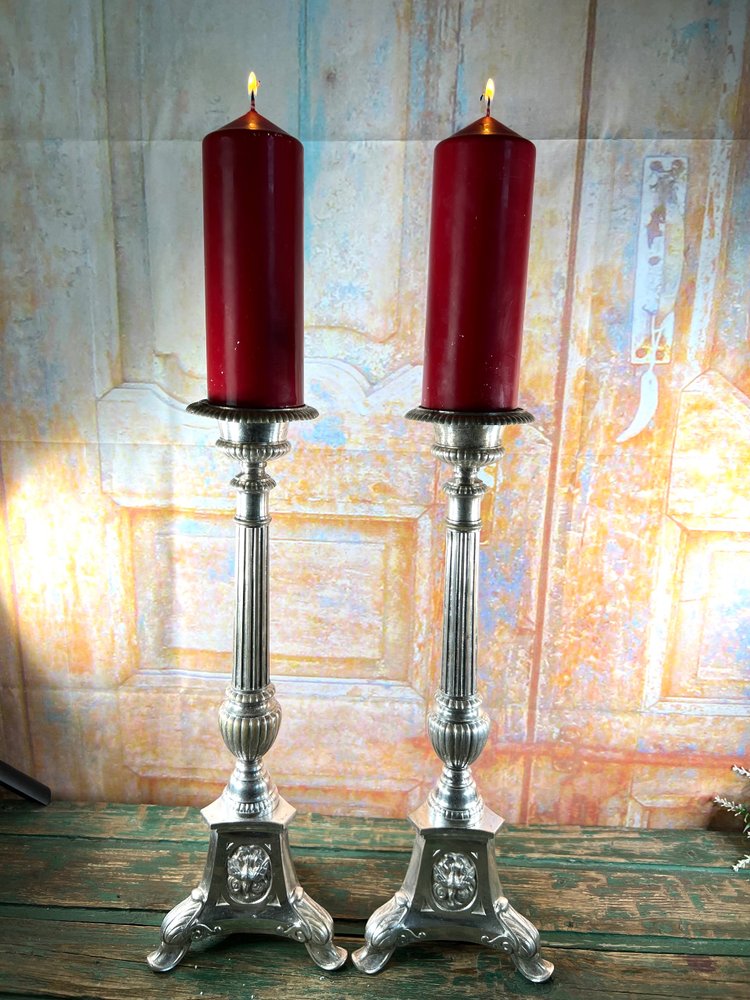 Pair of Silvered Metal Altar Candlesticks - 19th Century