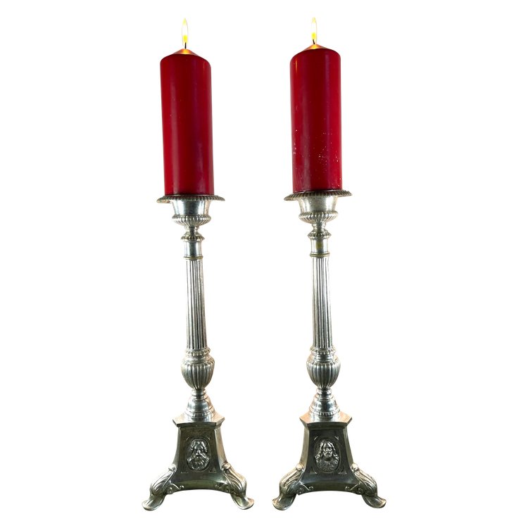 Pair of Silvered Metal Altar Candlesticks - 19th Century