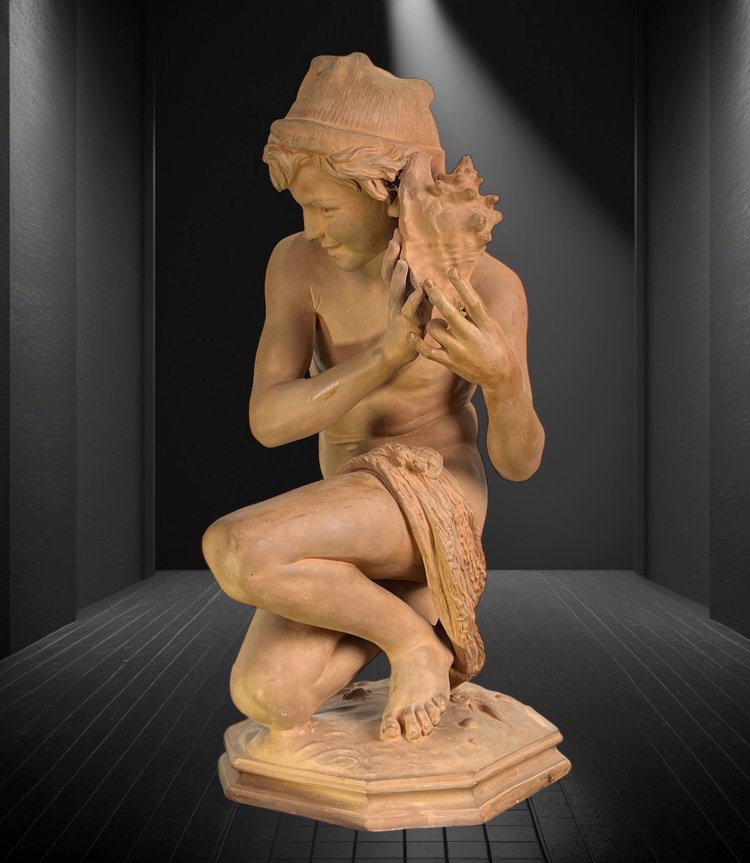 JEAN BAPTISTE CARPEAUX / TERRACOTTA FIRMATA IL PESCATORE NAPOLETANO CON CONCHIGLIA