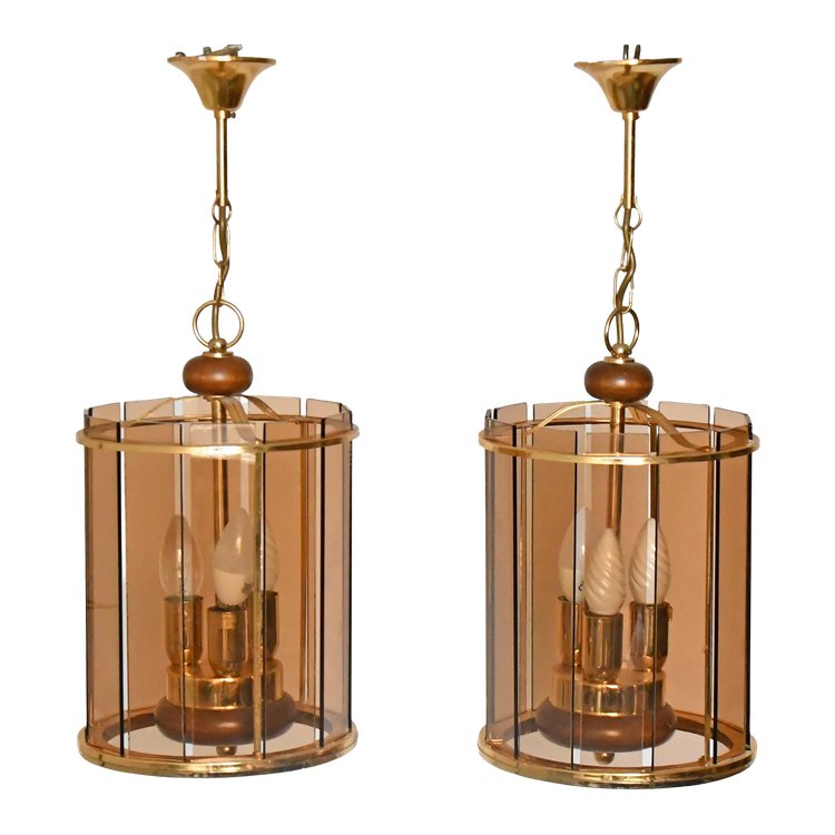 Pair of 1980s lanterns in gilded brass, wood and smoked glass plates