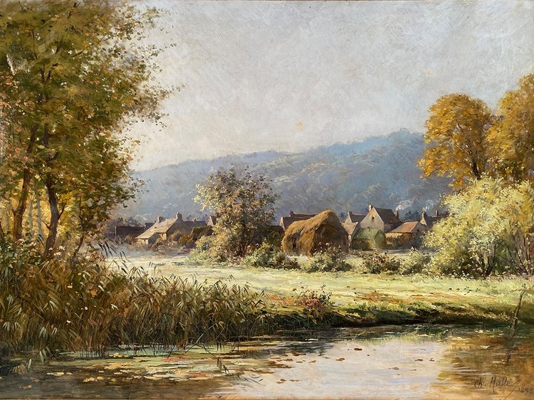 Charles Hallé (1867-1924), "Landscape in the early morning", large oil on canvas signed and dated 1898