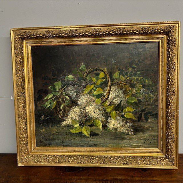 Ancienne paire de peintures à l'huile sur toile représentant des fleurs, 1892. Taille 82 x 72. Signé dans un cadre ancien 