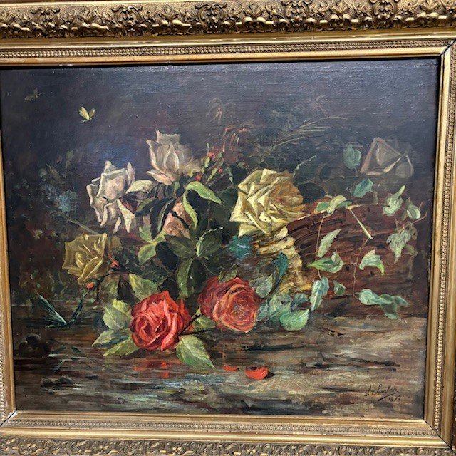 Ancienne paire de peintures à l'huile sur toile représentant des fleurs, 1892. Taille 82 x 72. Signé dans un cadre ancien 