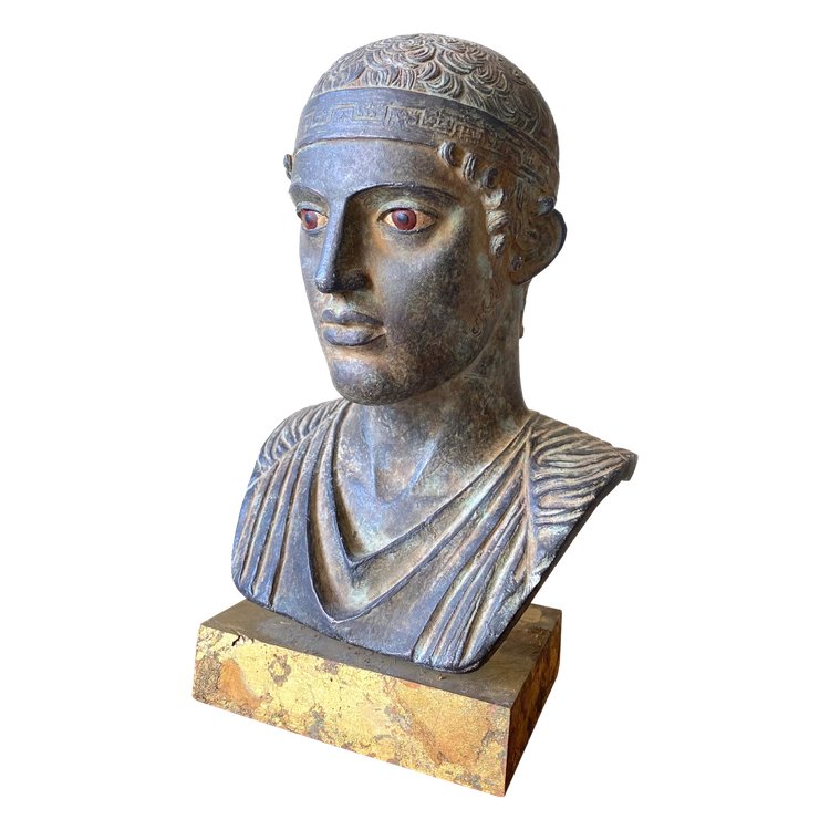 20th century patinated plaster sculpture. Head of a charioteer after the antique.