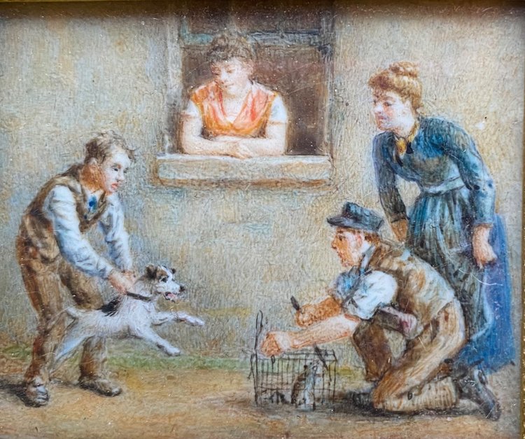 Miniature encadrée XIXème. “Le dressage d’un chien ratier”.