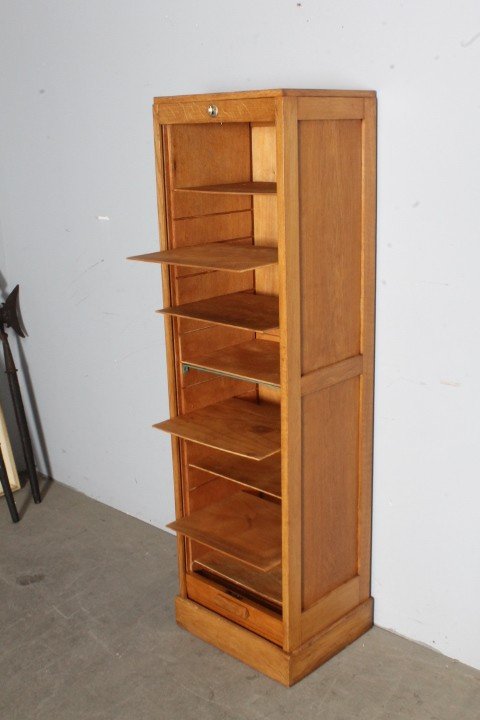 Art Deco oak filing cabinet shutter 1940. Size 43 x depth 35 Height. Restored. bookcases