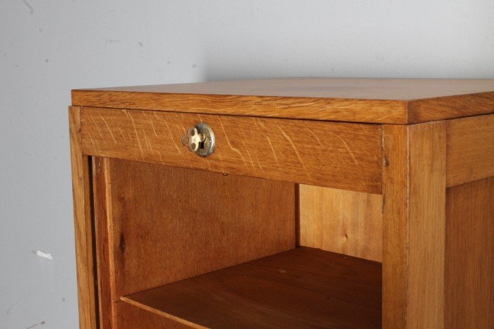 Art Deco oak filing cabinet shutter 1940. Size 43 x depth 35 Height. Restored. bookcases