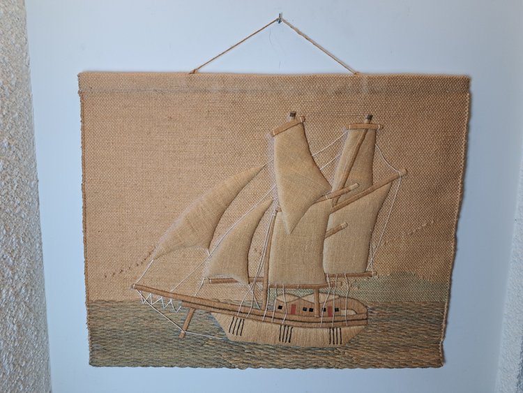 Don Freeman zugeschrieben, großer Wandteppich, Segelboot, Jute, Jahr 70.