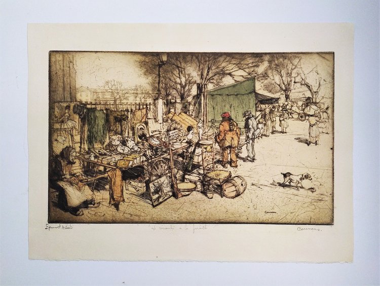 Etching  Flea Market Engraving By Armand Coussens Old Print