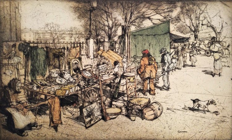 Etching  Flea Market Engraving By Armand Coussens Old Print