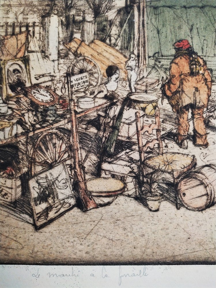 Etching  Flea Market Engraving By Armand Coussens Old Print