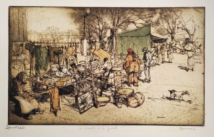 Etching  Flea Market Engraving By Armand Coussens Old Print