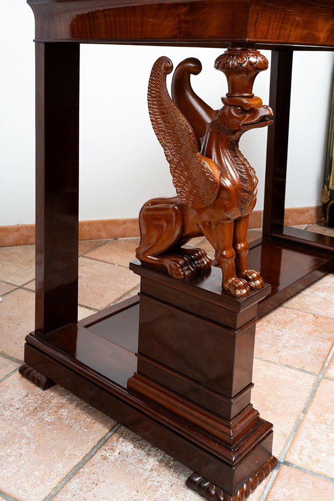 Antique Sicilian Empire Console in Mahogany with Marble Top. 19th Century Period.