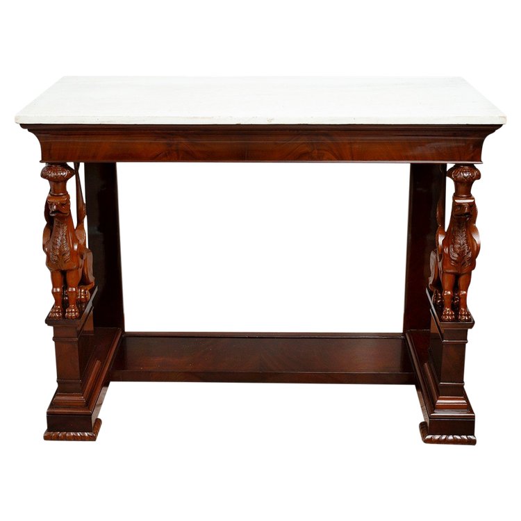 Antique Sicilian Empire Console in Mahogany with Marble Top. 19th Century Period.