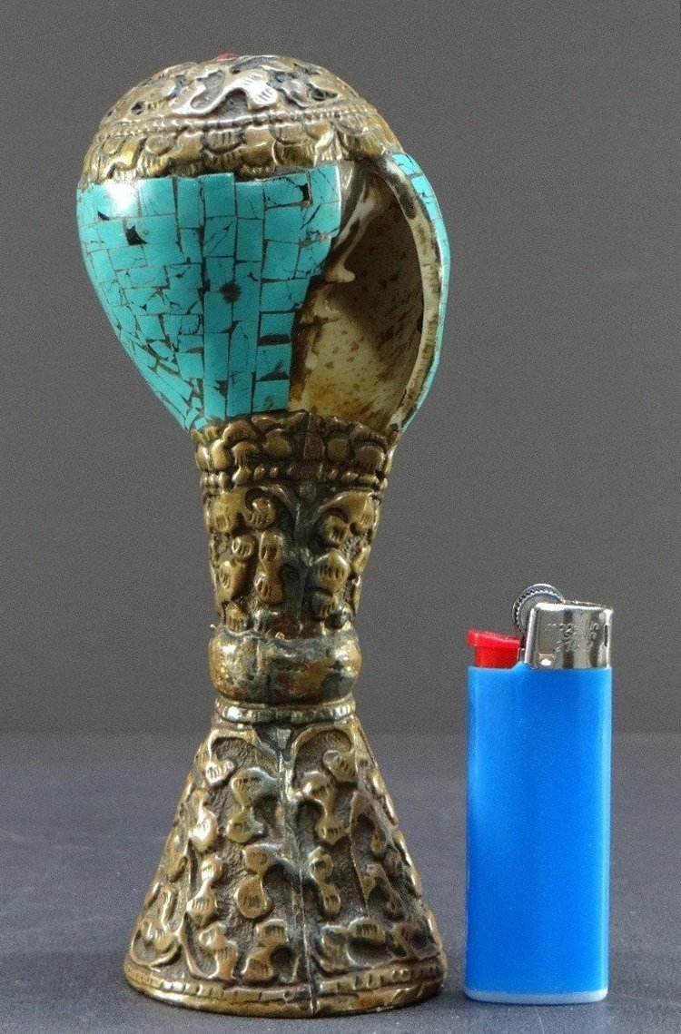 Tibet, Early 20th Century, Repoussé Copper and Turquoise Seal on a Shell Base.