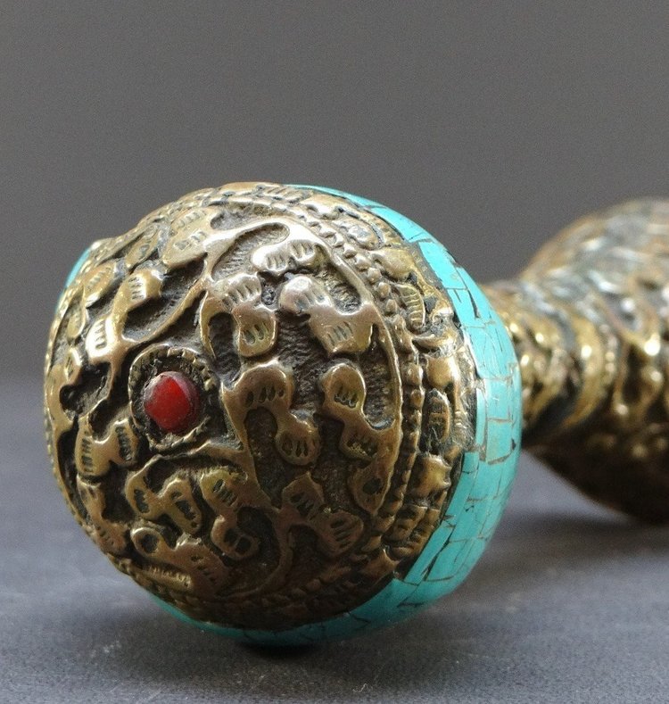 Tibet, Early 20th Century, Repoussé Copper and Turquoise Seal on a Shell Base.