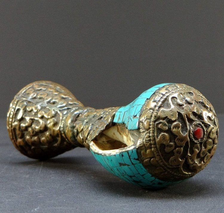 Tibet, Early 20th Century, Repoussé Copper and Turquoise Seal on a Shell Base.