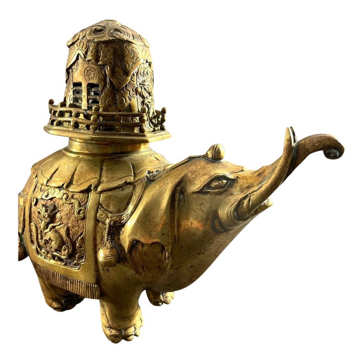 China, First Third of the 20th Century, Bronze Incense Burner with Gilded Patina Depicting an Elephant.