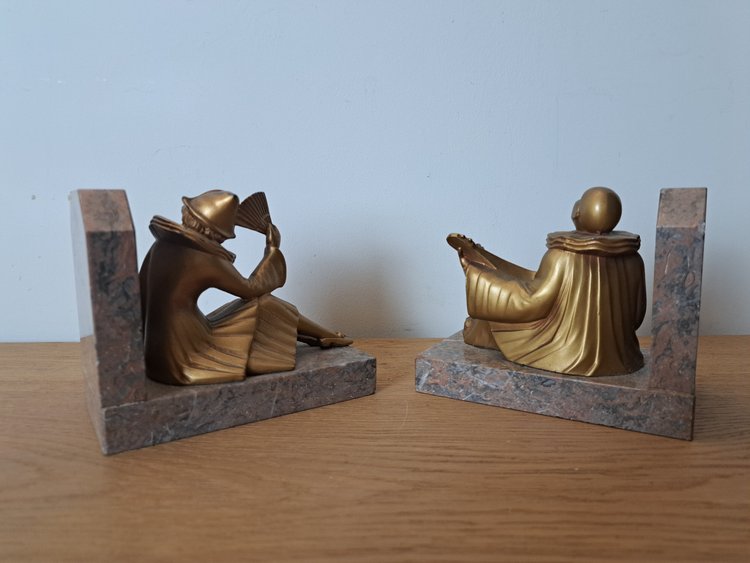 Pierrot Et Colombine , Pair Of Bookends , Regula And Marble , Art Deco , XX°.