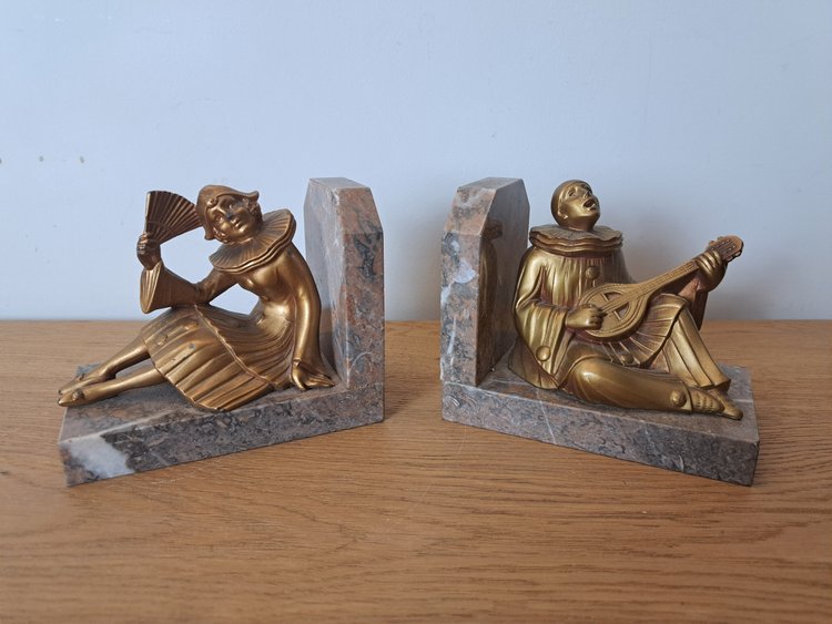 Pierrot Et Colombine , Pair Of Bookends , Regula And Marble , Art Deco , XX°.