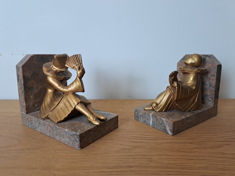 Pierrot Et Colombine , Pair Of Bookends , Regula And Marble , Art Deco , XX°.