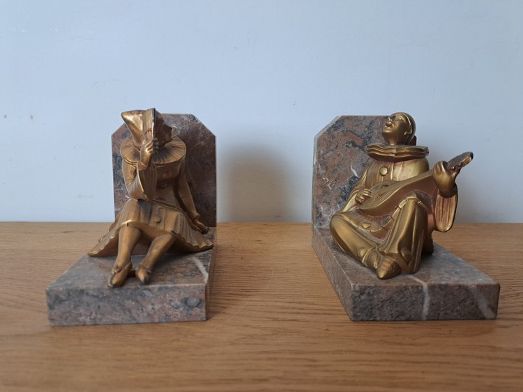 Pierrot Et Colombine , Pair Of Bookends , Regula And Marble , Art Deco , XX°.