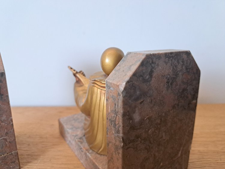 Pierrot Et Colombine , Pair Of Bookends , Regula And Marble , Art Deco , XX°.