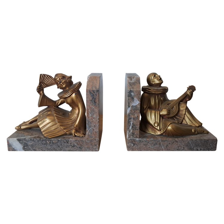 Pierrot Et Colombine , Pair Of Bookends , Regula And Marble , Art Deco , XX°.