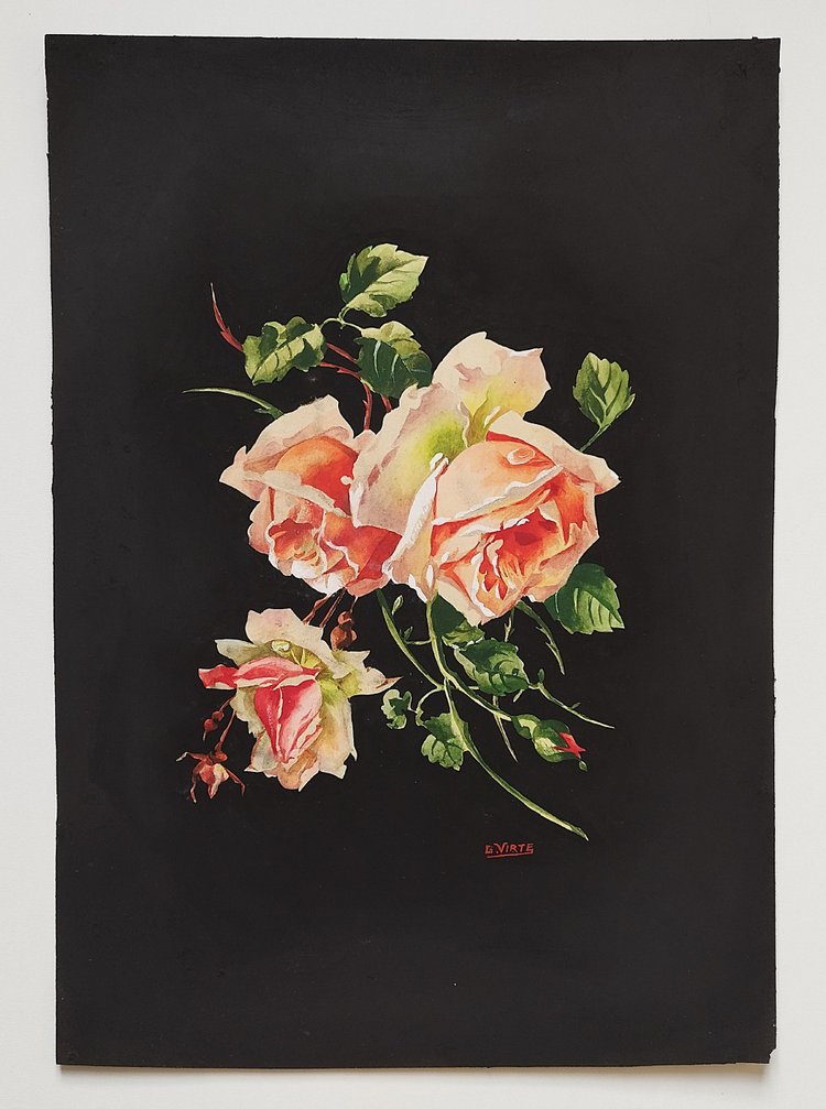 Roses Gouache Signed G.virte 20th C 